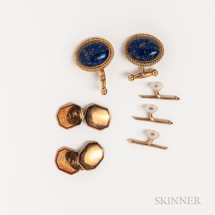 Two Pairs of 14kt Gold Cuff Links and Three 14kt Gold and Mother-of-pearl Shirt Studs