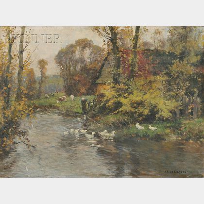 Frederic Charles Vipond Ede (American, 1865-1943) Figure with Geese and Cows Along a Riverbank