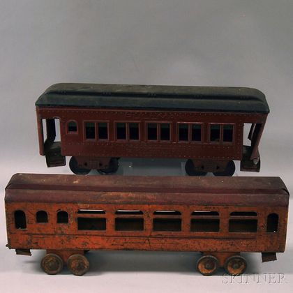 Two Painted Pressed Metal Passenger Train Cars