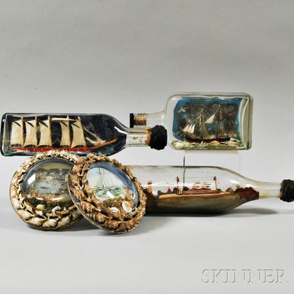 Three Ships in a Bottle and Two Nautical Hanging Wall Ornaments