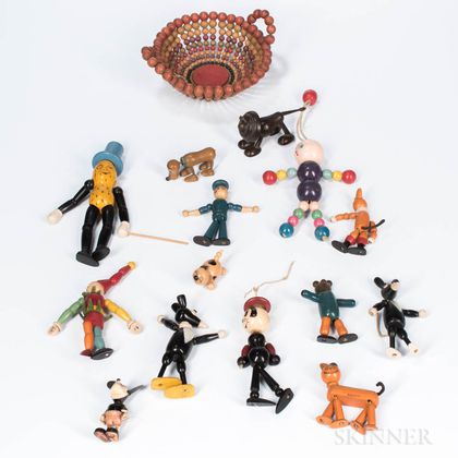 Group of Articulated Wooden Figural Toys and a Bowl of Wooden Beads