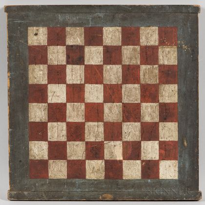 Small Red- and White-painted Checkers Game Board