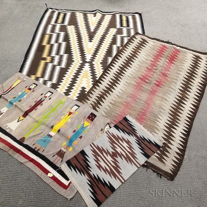 Four Woven Rugs and Mats and a Northwest Indian Silkscreen