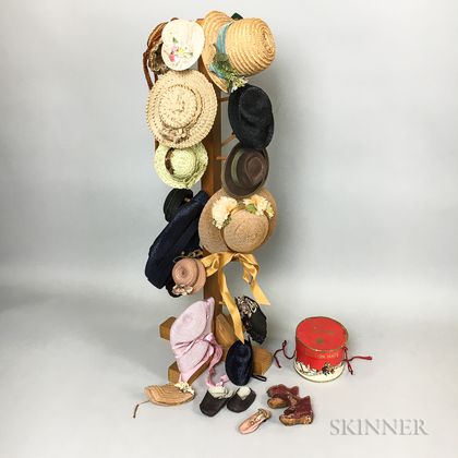 Group of Doll's Hats and Hat Rack