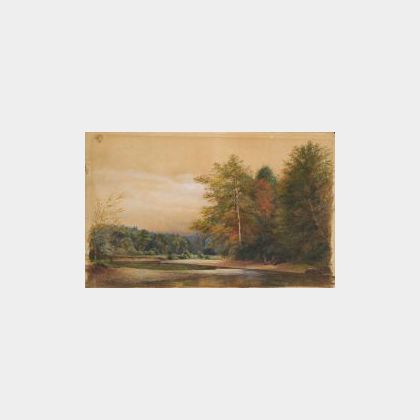 Roswell Morse Shurtleff (American, 1838-1915) Autumn Woodland Riverbank Scene.