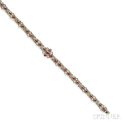 14kt White Gold, Ruby, Split Pearl, and Diamond Bracelet