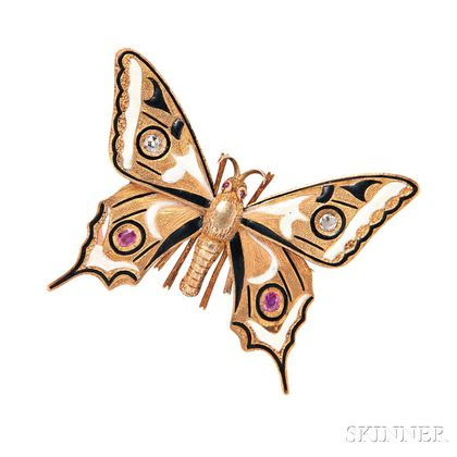 Antique Gold and Enamel Butterfly Brooch