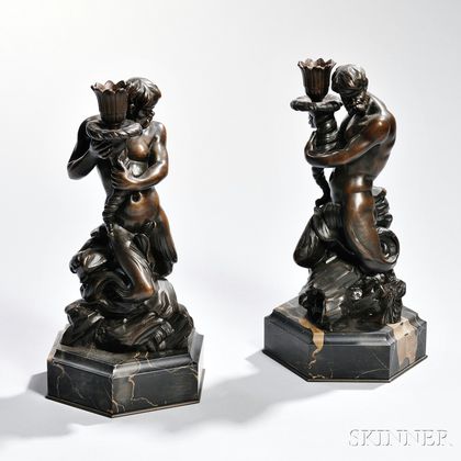 Pair of Bronze Neptune Candlesticks