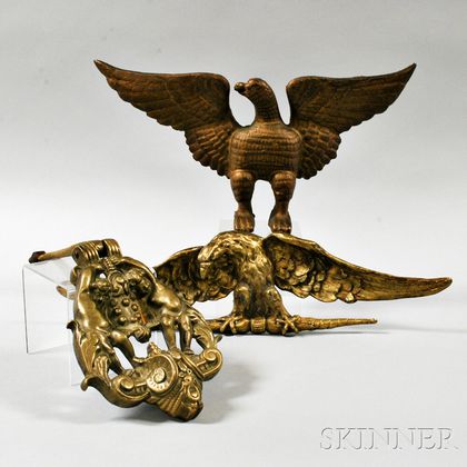 Two Metal Spreadwing Eagles and a Brass Figural Doorknocker