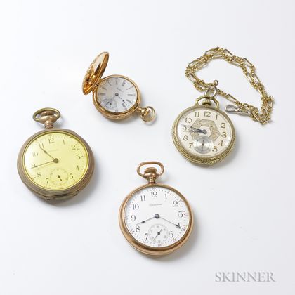 14kt Gold Waltham Hunter-case Pocket Watch and Three Waltham Gold-filled Pocket Watches