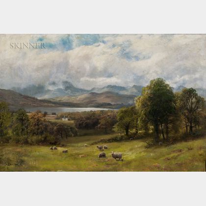 James Henry Crossland (British, 1852-1939) Valley Landscape with Sheep at Pasture