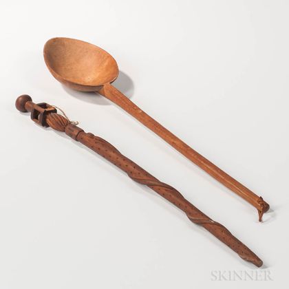 Large Carved Wood Spoon and Folk Carved Walking Stick