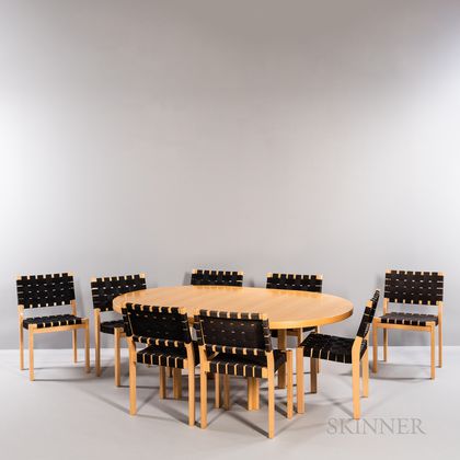 Alvar Aalto (Finnish, 1898-1976) for Artek Model H90 Dining Table and Eight Model 611/W Side Chairs