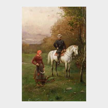 Wladyslaw Wankie (Polish, 1860-1925) A Chance Meeting/Genre Scene with Peasant Woman and Horseman