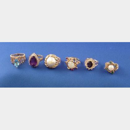 Six Modern 14kt Gold and Gemstone Rings