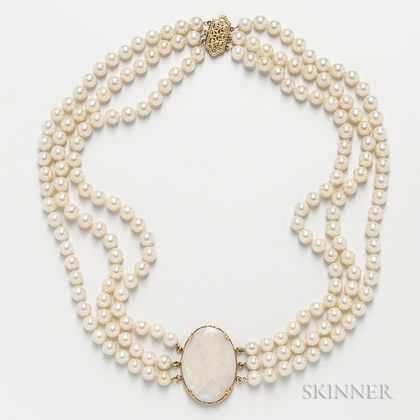 Triple-strand Pearl Necklace with Opal Center