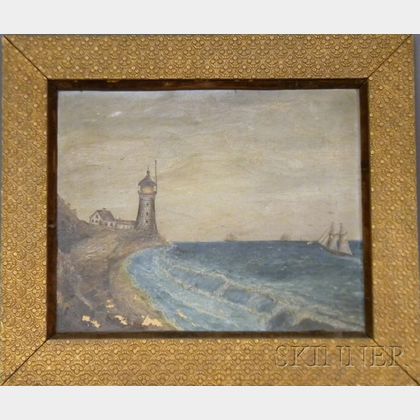 19th/20th Century American School Oil on Canvas Seacoast View with Lighthouse