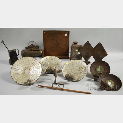 Group of Iron, Tin, and Glass Lighting and Hearth Implements