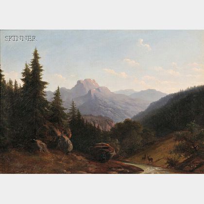 Walther Wünnenberg (German, 1818-c. 1900) Mountain Landscape with Hunter Stalking Deer