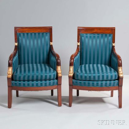 Pair of Russian Empire-style Mahogany and Giltwood Armchairs