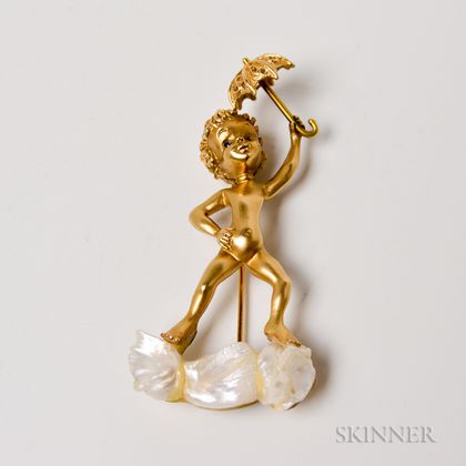 14kt Gold, Baroque Pearl, and Sapphire Figural Brooch