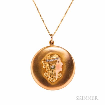 Art Nouveau 14kt Gold, Enamel, and Diamond Locket