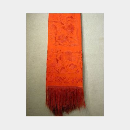 Chinese Embroidered Red Silk Shawl. 