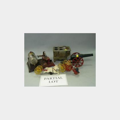 Toy Painted Cast Iron Cannon, Fire Wagon, Two Stoves, Steam Engine and Metal Figures. 