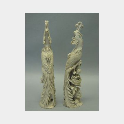 Pair of Asian Carved Ivory Exotic Birds. 