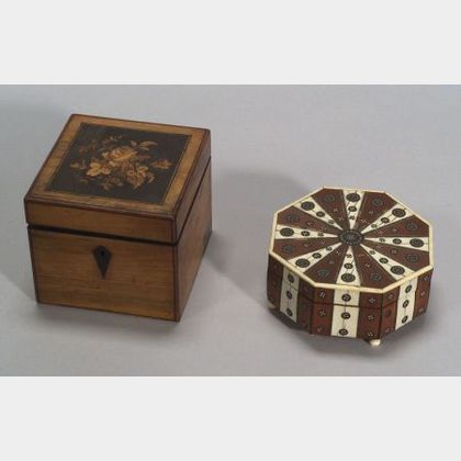Inlaid Wooden Tea Caddy and Octagonal Box with Dominoes