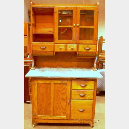 Early 20th Century Hoosier-type Oak Two-part Kitchen Cabinet