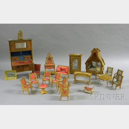 Twenty-two Pieces of French-style Upholstered and Gilt-metal Mounted Wooden Dollhouse Furniture and Accessories... 