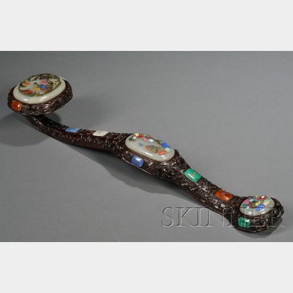 Carved Wood Ruyi Scepter with Jade Plaques