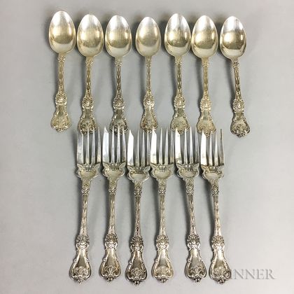 Six Whiting Manufacturing Co. Sterling Silver Dessert Forks and Seven Teaspoons