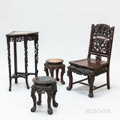 Chinese Carved Hardwood Marble-top Corner Stand, Two Footstools, and a Side Chair. Estimate $300-500