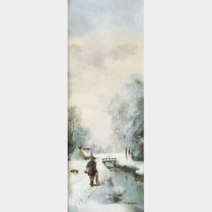 Continental School, 19th Century Huntsman with Dog by a Snow-covered Brook.