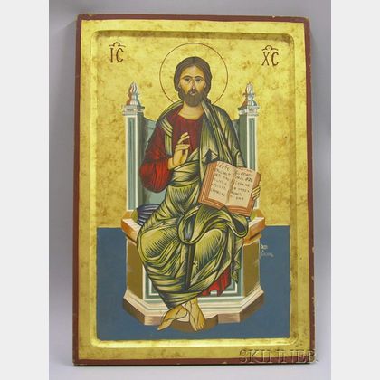 Modern Byzantine-style Painted and Giltwood Icon of Christ