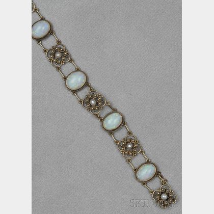 Art Nouveau 14kt Gold, Opal, and Seed Pearl Bracelet