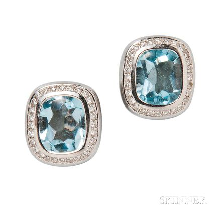 18kt White Gold, Blue Topaz, and Diamond Earrings, Movado