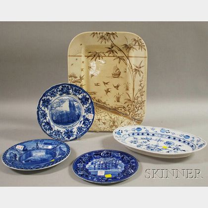 Four Transfer-decorated Pottery Items and a Blue Onion Pattern Oval Platter