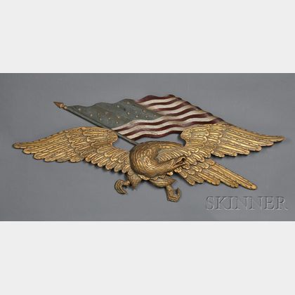 Carved, Gilded, and Painted Eagle and American Flag Wall Plaque