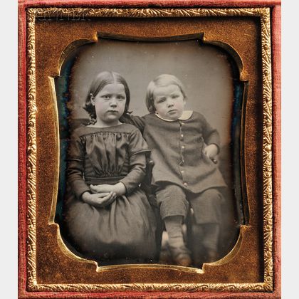 Two 19th Century American School Daguerreotypes: Sixth-plate Daguerreotype of a Sister and Brother
