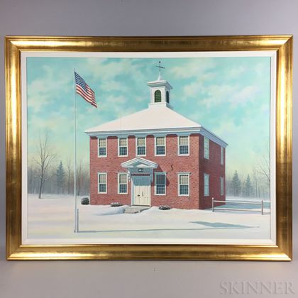 David Kenneth Merrill (American, b. 1935) Brick House with American Flag in Snow