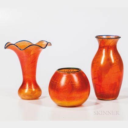 Three Imperial Art Glass White on Clear with Overshot Orange Vases