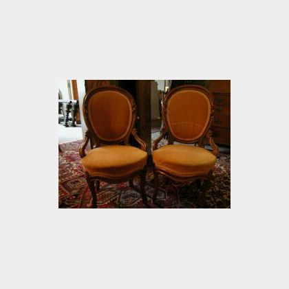 Pair of Victorian Rococo Revival Upholstered Walnut Parlor Side Chairs. 