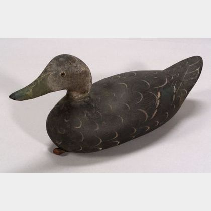 Carved and Painted Wooden Black Duck Decoy