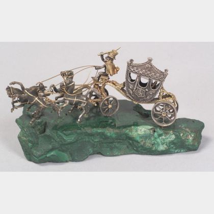 Continental Silver, 18kt Yellow Gold, and Malachite Table Ornament of a Carriage