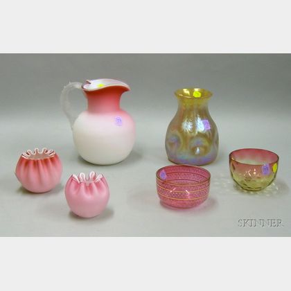 Loetz-type Iridescent Gold Pinched Glass Vase, a Victorian Art Glass Pitcher, Two Rose Bowls, and Two Finger Bo... 