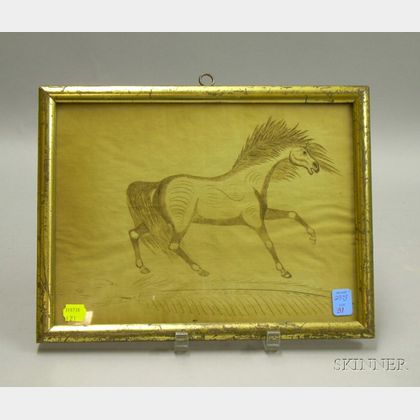 Giltwood Framed 19th Century Calligraphy Illustration Depicting a Horse