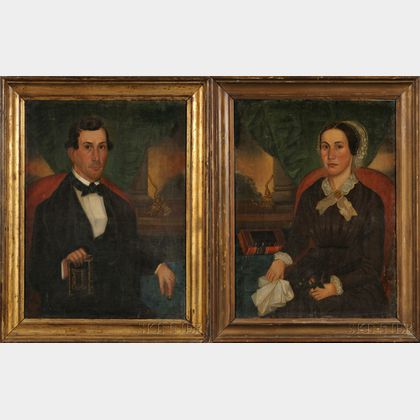 Gloria Welby Fisher (American, Mid-19th Century) Pair of Portraits of Samuel Bender and His First Wife, Margaret.